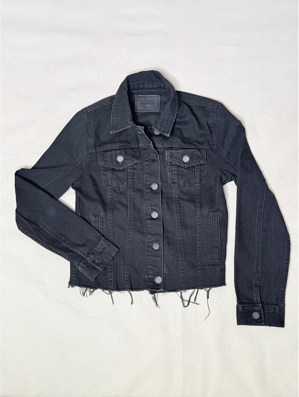 BlankNYC Black Denim Jacket Women’s S Raw Frayed Hem Distressed Trucker